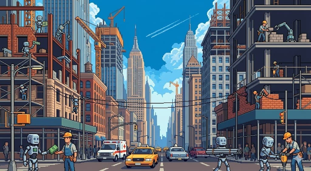 Pixel-art city with robots and workers building skyscrapers